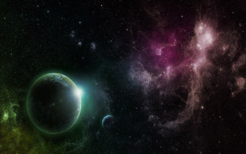 Planets in Space — Purple, Cosmic, Digital Art, Stars, Nebula, Planet, Green