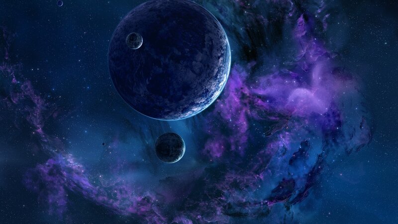 Planets in Space — Purple, Cosmic, Night, Digital Art, Nebula, Stars, Moons
