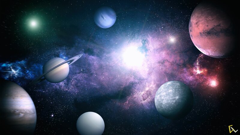 Planets in Space — Purple, Cosmic, Night, Digital Art, Stars, Nebula, Saturn