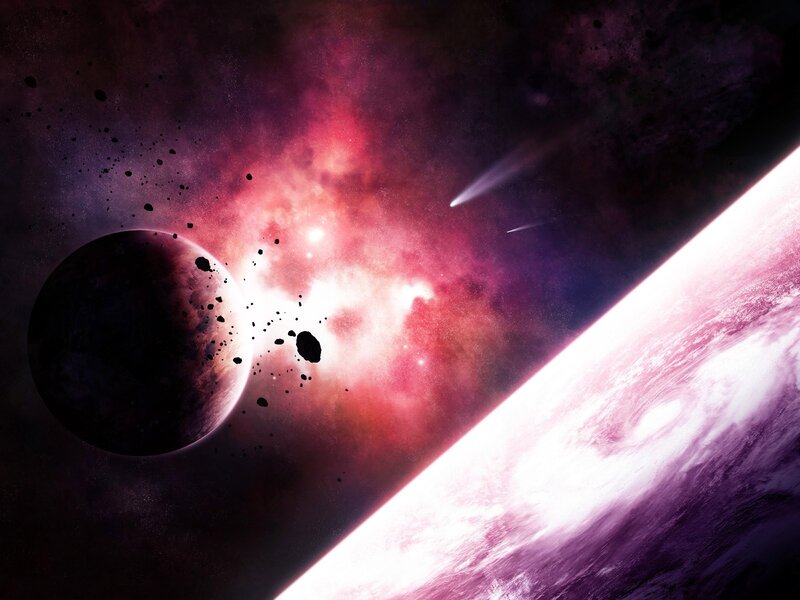 Planets in Space — Purple, Dramatic, Digital Art, Asteroids, Comet, Nebula