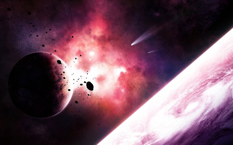 Planets in Space — Purple, Dramatic, Digital Art, Asteroids, Comet
