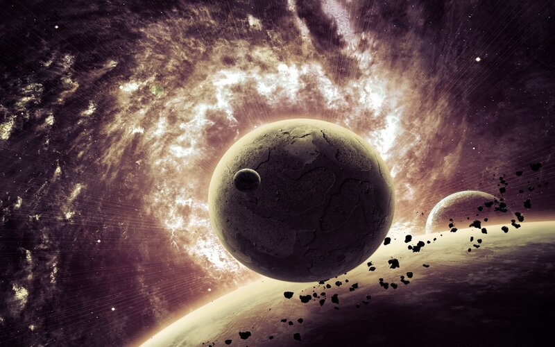 Planets in Space — Purple, Dramatic, Digital Art, Asteroids, Nebula, Stars