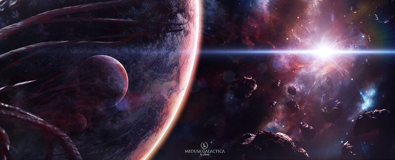 Planets in Space — Purple, Dramatic, Digital Art, Asteroids, Nebula