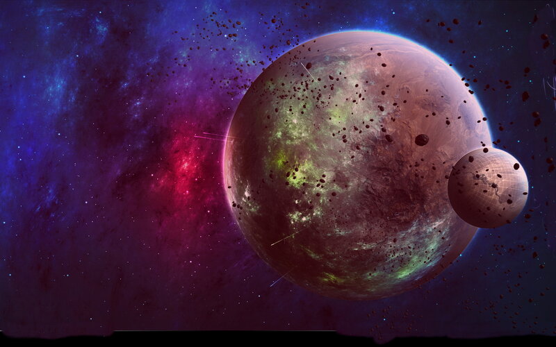 Planets in Space — Purple, Dramatic, Digital Art, Asteroids