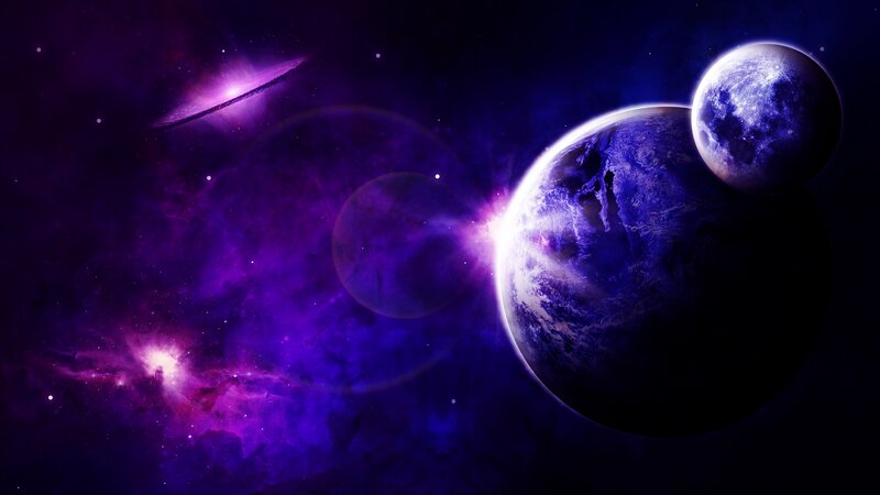 Planets in Space — Purple, Dramatic, Digital Art, Nebula, Moon