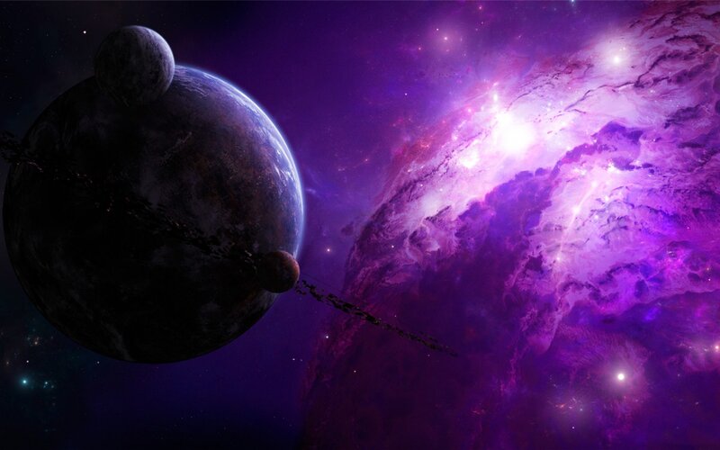 Planets in Space — Purple, Dramatic, Digital Art, Nebula, Stars, Moons