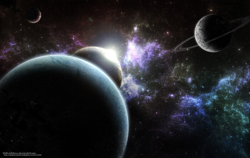Planets in Space — Purple, Dramatic, Digital Art, Nebula, Stars, Rings