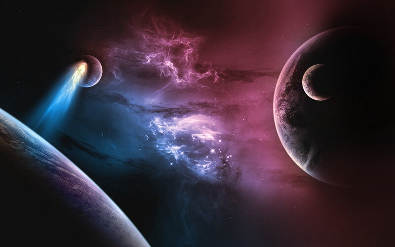 Planets in Space — Purple, Dramatic, Digital Art, Nebula, Stars