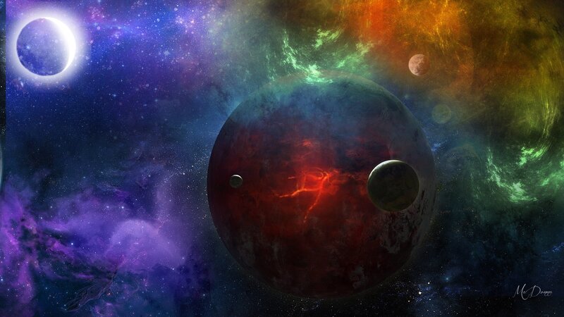 Planets in Space — Purple, Dramatic, Digital Art, Stars, Nebula, Moon