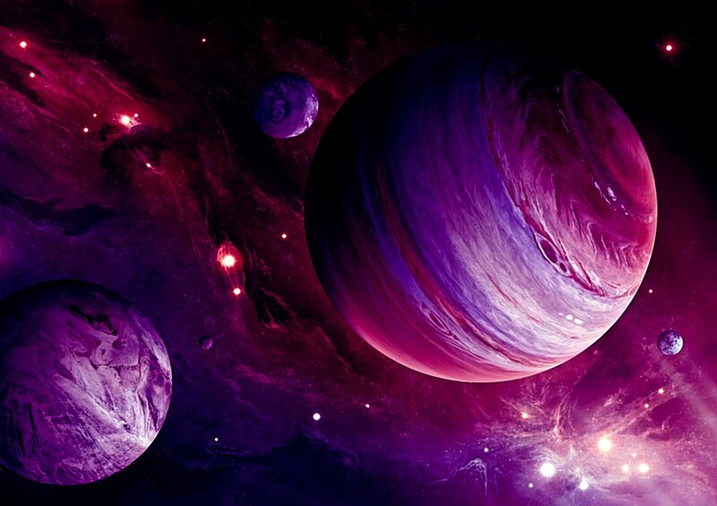 Planets in Space — Purple, Dramatic, Digital Art, Stars, Nebula, Pink