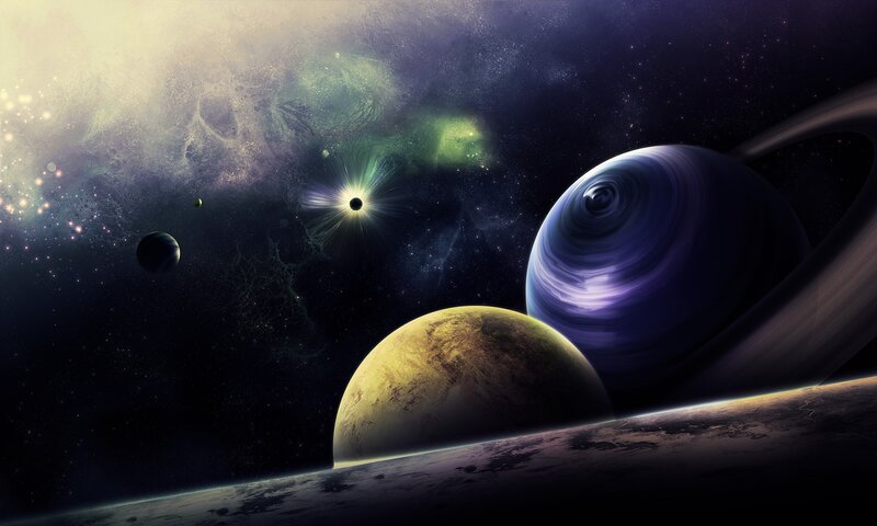 Planets in Space — Purple, Dramatic, Digital Art, Stars, Nebula, Ringed Planet