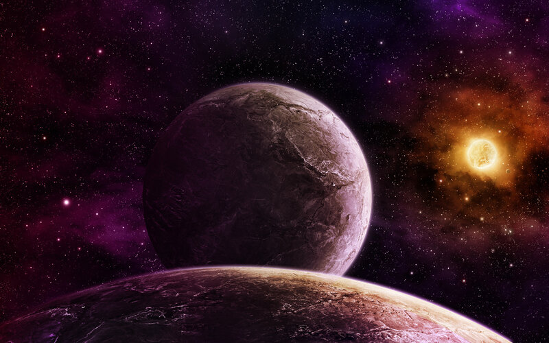 Planets in Space — Purple, Dramatic, Digital Art, Stars, Nebula, Sun