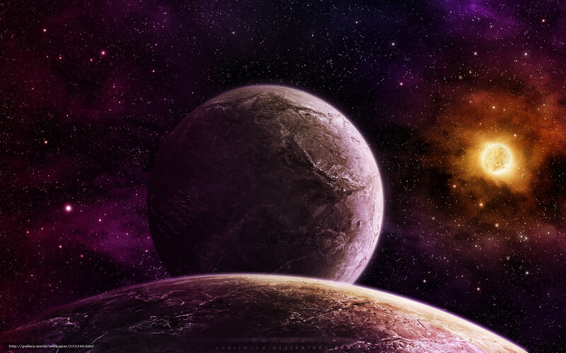 Planets in Space — Purple, Dramatic, Digital Art, Stars, Sun, Nebula