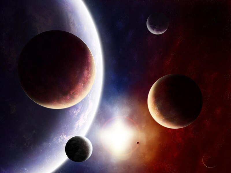 Planets in Space — Purple, Dramatic, Digital Art, Stars, Sun