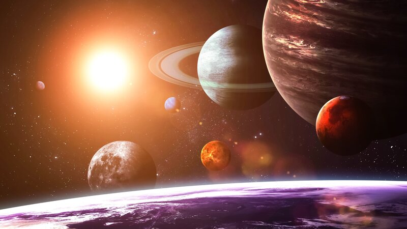 Planets in Space — Purple, Dramatic, Digital Art, Sun, Moon