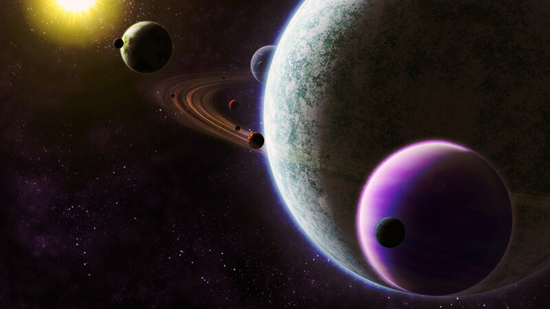 Planets in Space — Purple, Dramatic, Digital Art, Sun, Moons