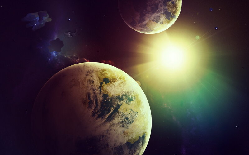 Planets in Space — Purple, Dramatic, Digital Art, Sun
