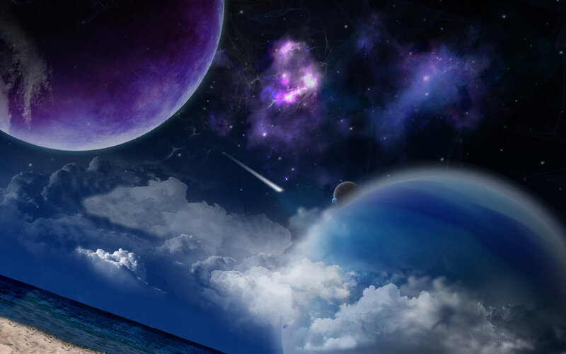 Planets in Space — Purple, Dramatic, Night, Digital Art, Clouds