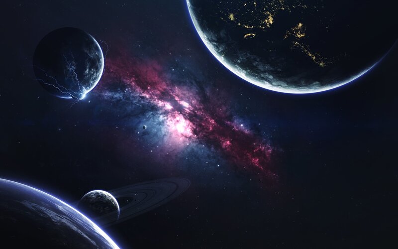 Planets in Space — Purple, Dramatic, Night, Digital Art, Galaxy, Lightning