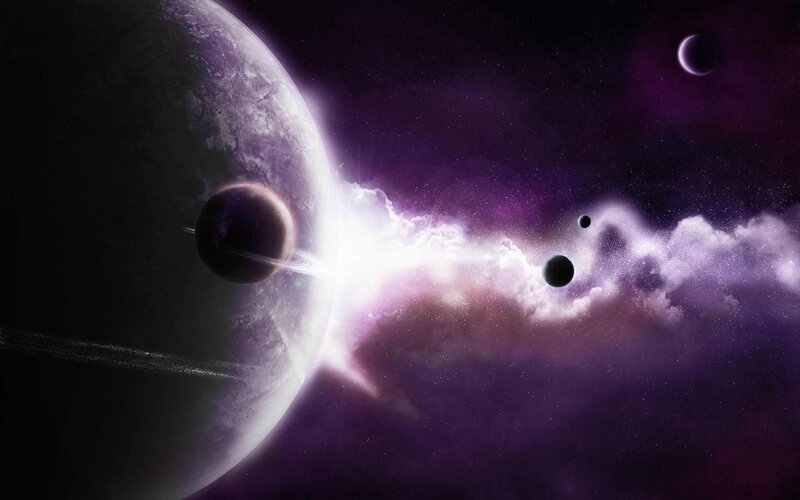 Planets in Space — Purple, Dramatic, Night, Digital Art, Nebula, Moons