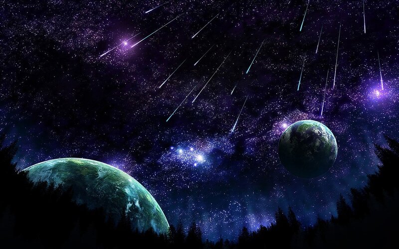 Planets in Space — Purple, Dramatic, Night, Digital Art, Stars, Meteor Showers, Forests, Blue