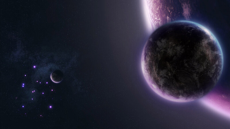 Planets in Space — Purple, Dramatic, Night, Digital Art, Stars, Moons, Nebula