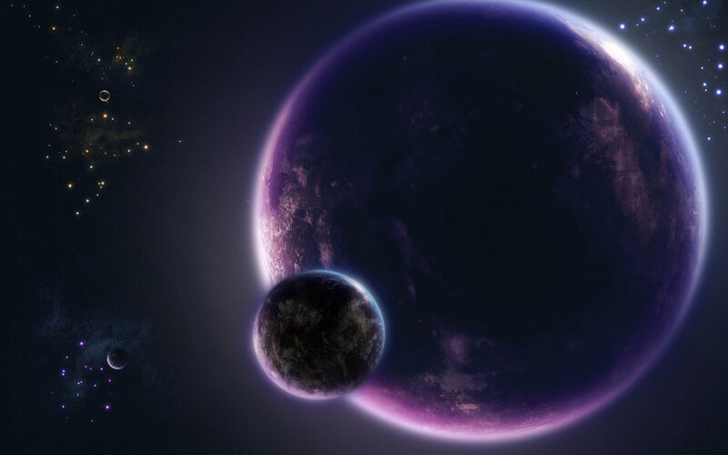 Planets in Space — Purple, Dramatic, Night, Digital Art, Stars, Moons