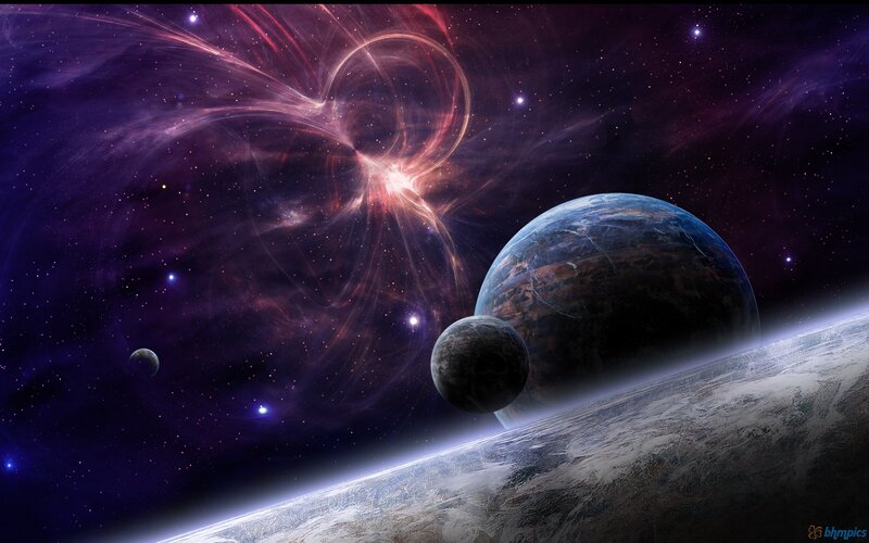 Planets in Space — Purple, Dramatic, Night, Digital Art, Stars, Nebula, Moons
