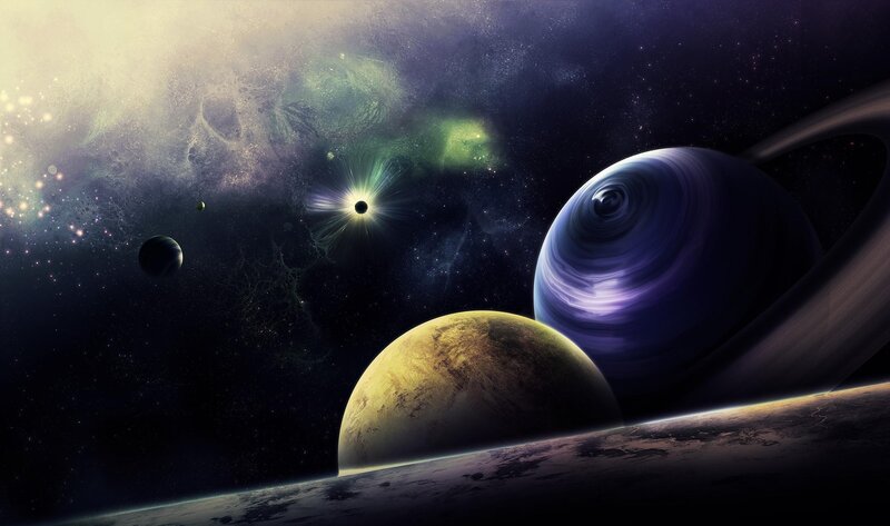 Planets in Space — Purple, Dramatic, Night, Digital Art, Stars, Nebula, Ringed Planet