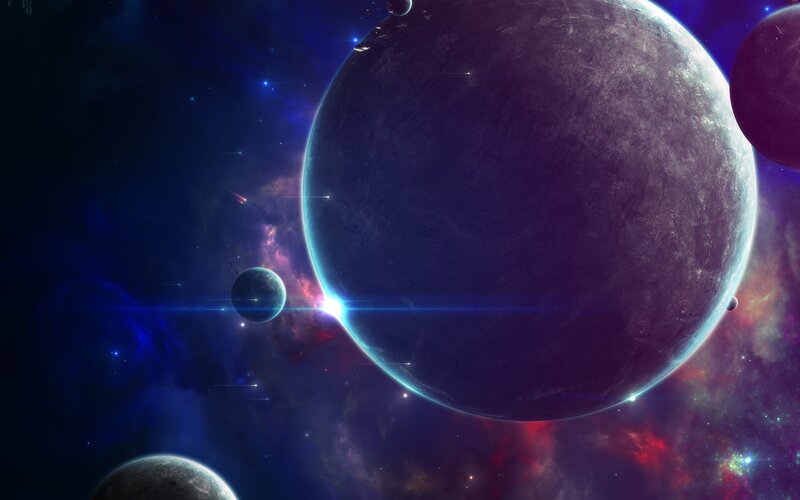 Planets in Space — Purple, Dramatic, Night, Digital Art, Stars, Nebula, Spacecraft