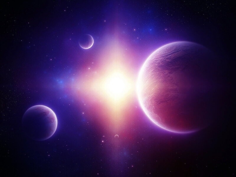 Planets in Space — Purple, Dramatic, Night, Digital Art, Stars, Sun, Planet