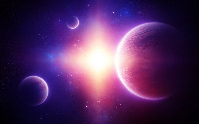 Planets in Space — Purple, Dramatic, Night, Digital Art, Stars, Sun