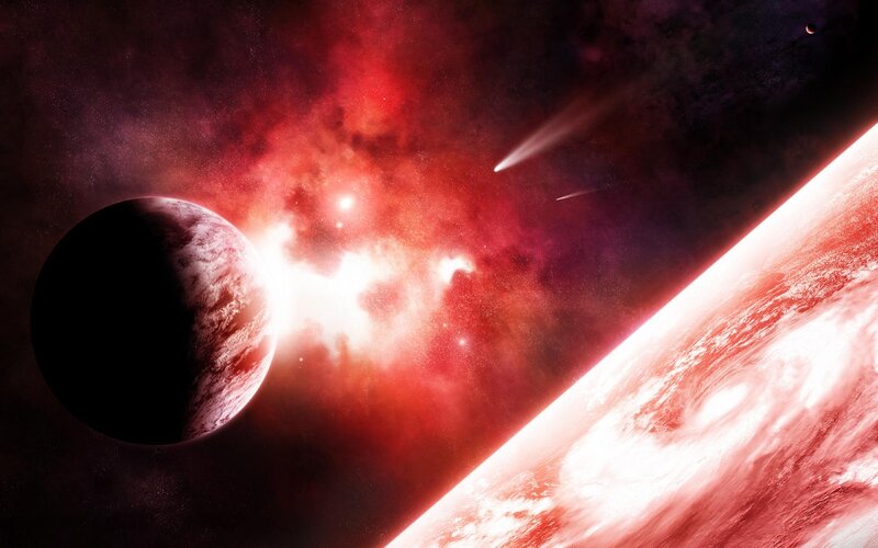 Planets in Space — Red, Dramatic, Digital Art, Comet