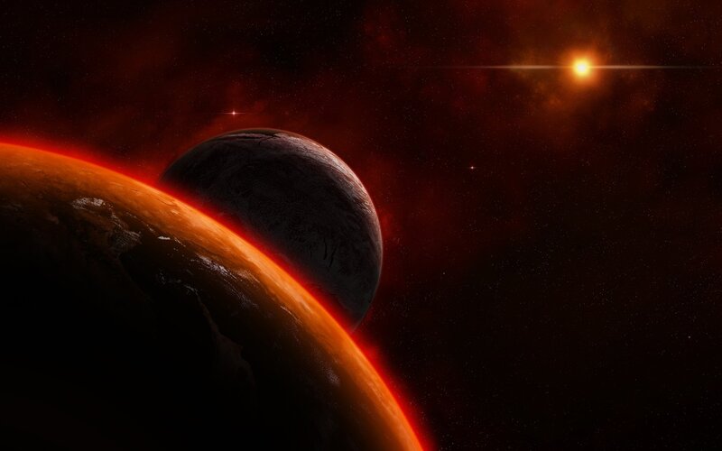 Planets in Space — Red, Dramatic, Digital Art, Star, Planet, Black