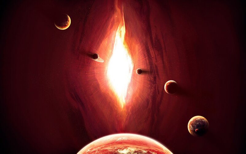 Planets in Space — Red, Dramatic, Digital Art, Star, Planet, Orange