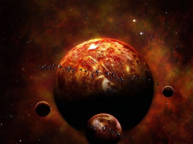 Planets in Space — Red, Dramatic, Digital Art, Stars, Asteroids, Nebula, Orange