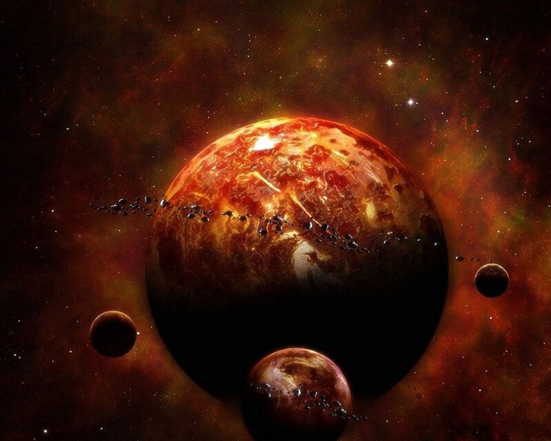 Planets in Space — Red, Dramatic, Digital Art, Stars, Nebula, Asteroids