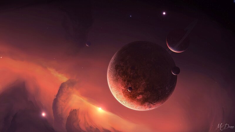 Planets in Space — Red, Dramatic, Digital Art, Stars, Nebula, Moons