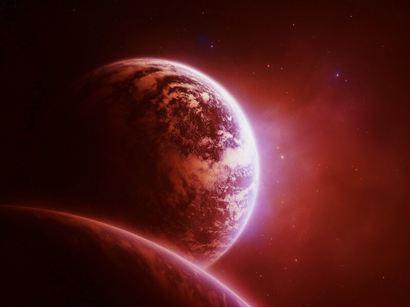 Planets in Space — Red, Dramatic, Digital Art, Stars, Nebula, Planet, Purple