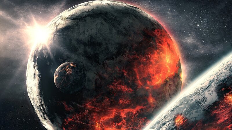 Planets in Space — Red, Dramatic, Digital Art, Stars, Sun, Moon, Black, White