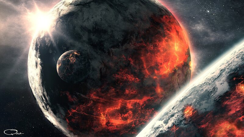 Planets in Space — Red, Dramatic, Digital Art, Stars, Sun