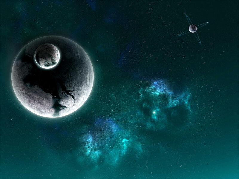 Planets in Space — Teal, Cosmic, Night, Digital Art