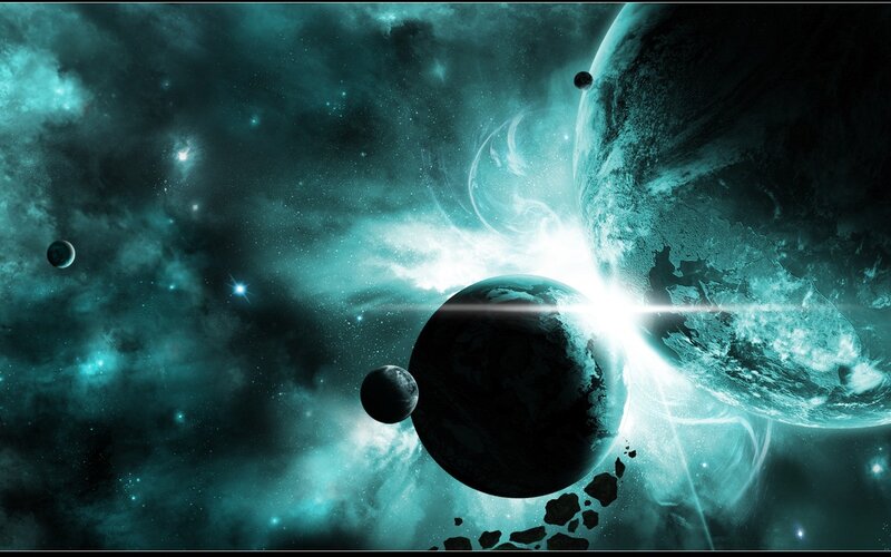 Planets in Space — Teal, Dramatic, Digital Art