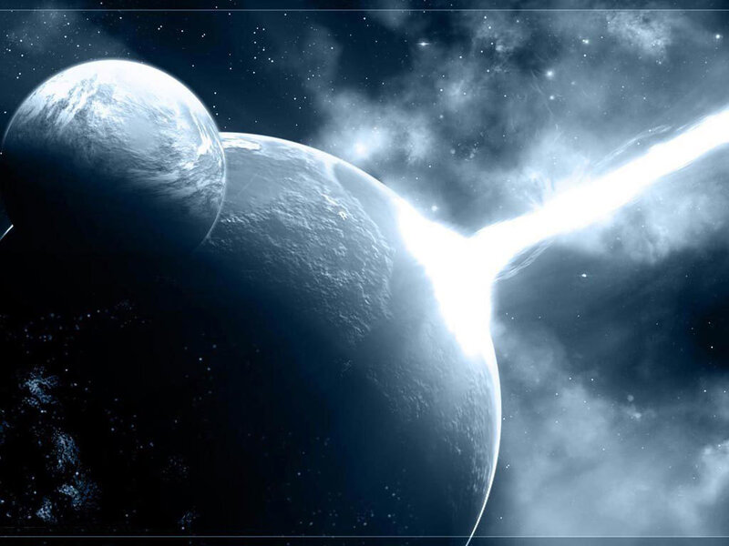 planets in space with light beam