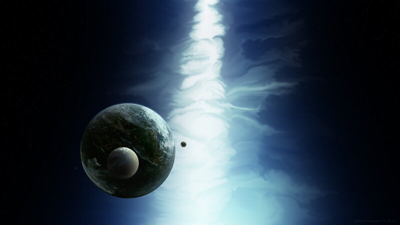 planets in space with light beam