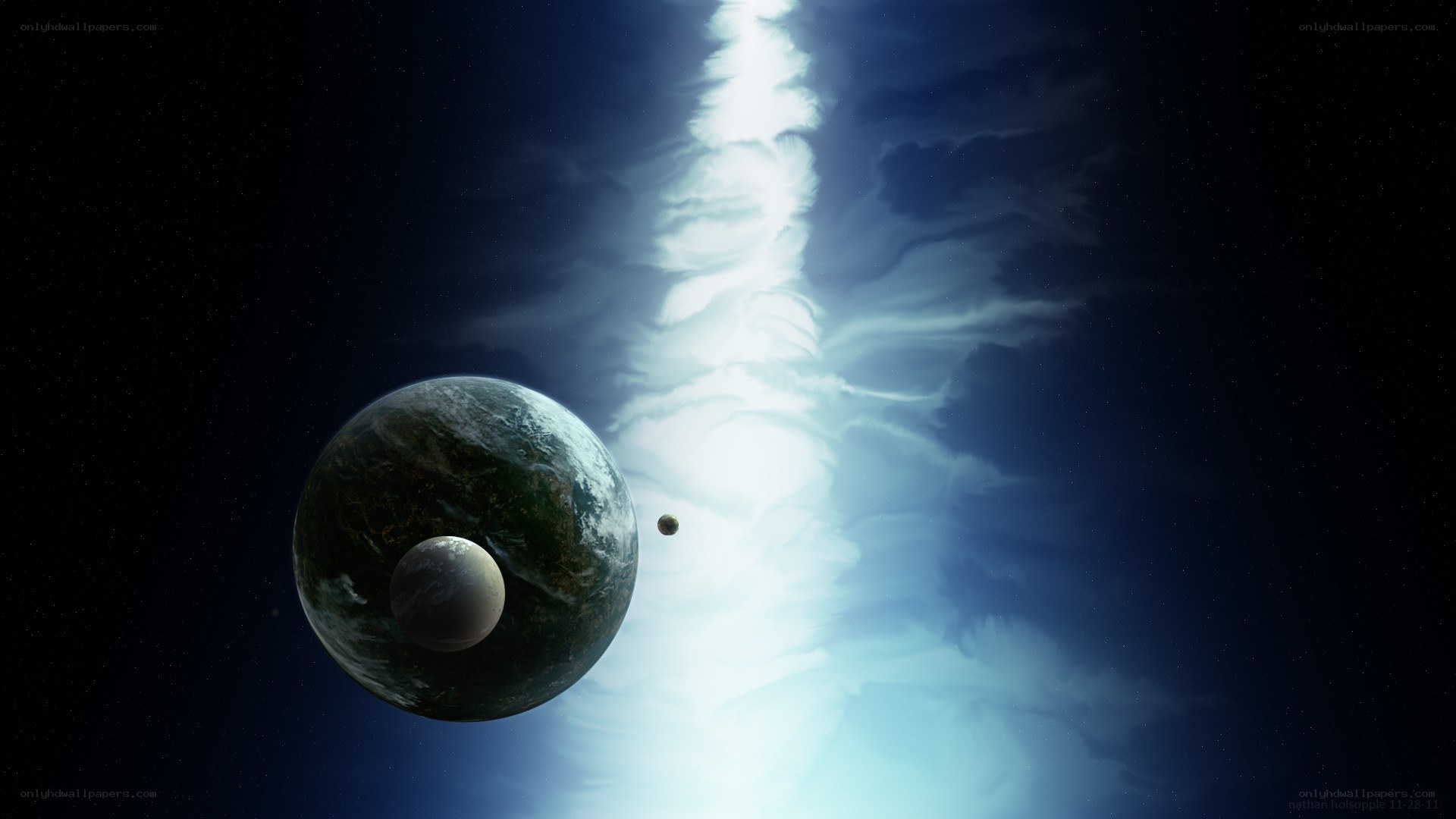 planets in space with light beam
