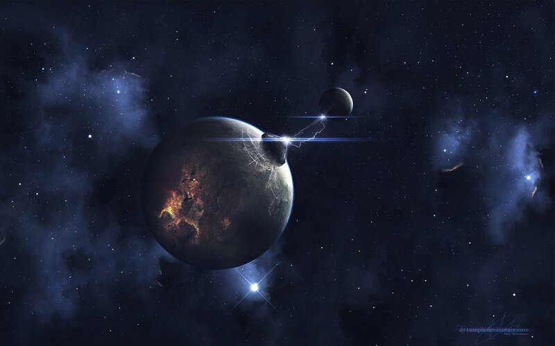 planets in space with lightning