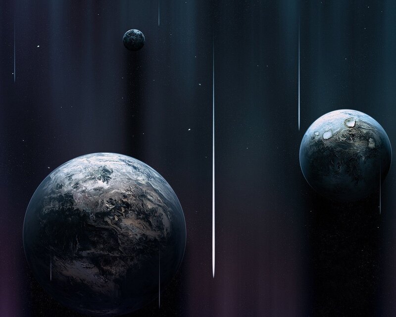 planets in space with meteors