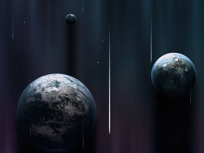 planets in space with meteors