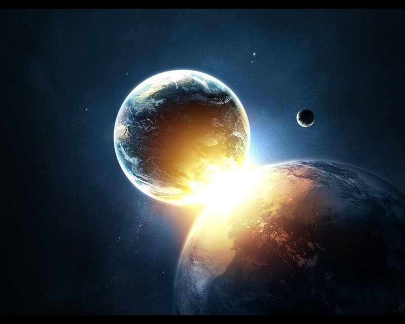 Planets in space with sunburst